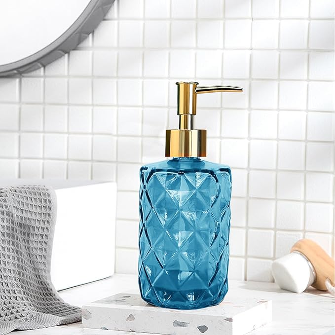 Blue Glass Soap Dispenser, Bathroom Shower & Shampoo Dispenser, Foam Hand Soap Dispenser with Gold Pump,11Oz/330ml Refillable Kitchen Dish Soap Bottle for Home Hotel