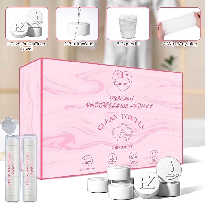 Fcaeon Disposable Face Towel 200 Pcs Compressed Towel Tablets With 2 Dispenser Bottles Gentle Washcloths for Sensitive Skin Facial Cleansing Makeup Removal Skincare Routine Travel Cloths (Pink)