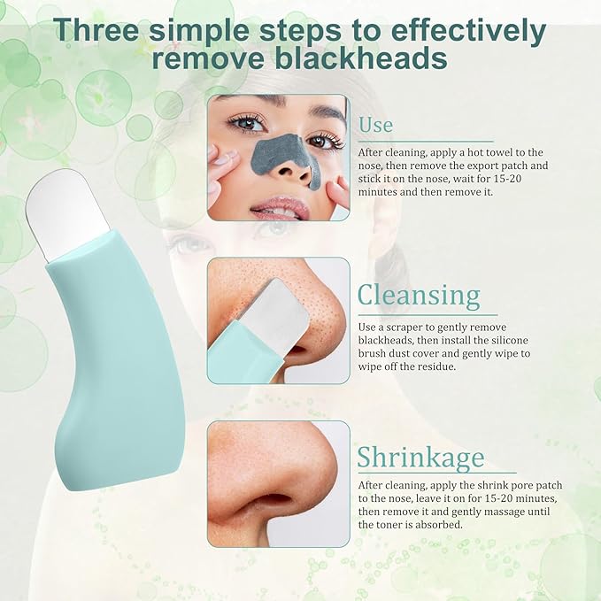 Blackhead Remover Tool, Stainless Steel Facial Scraper Tool Black Head Extractor with Silicone Brush Dust Cover Pore Skin Spatula for Women Men Nose Face Sebum Cleaner(Green)