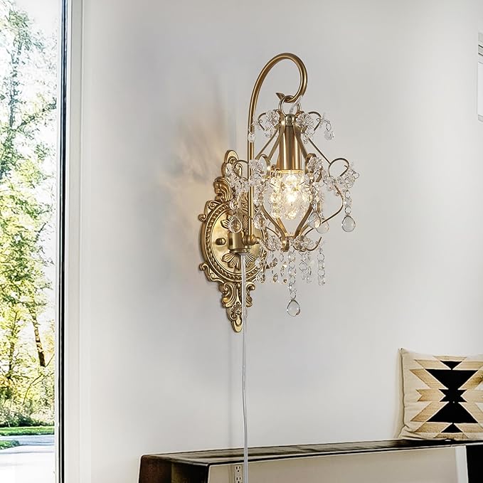 Gold Crystal Vintage Plug in Wall Sconces Set of 2 Indoor Wall Light Fixture, Modern Wall Mount Lamp Light for Bedroom Living Room Bathroom Vanity Light Hallway Light Fixture LED E12