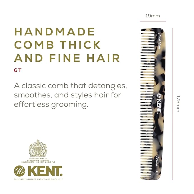 Kent 6T TW Fine Tooth and Wide Tooth Hair Comb, Handmade Styling Comb for Hair Care, Barber Combs, Beard Combs For Men, Styling Grooming for Men, Women and Kids