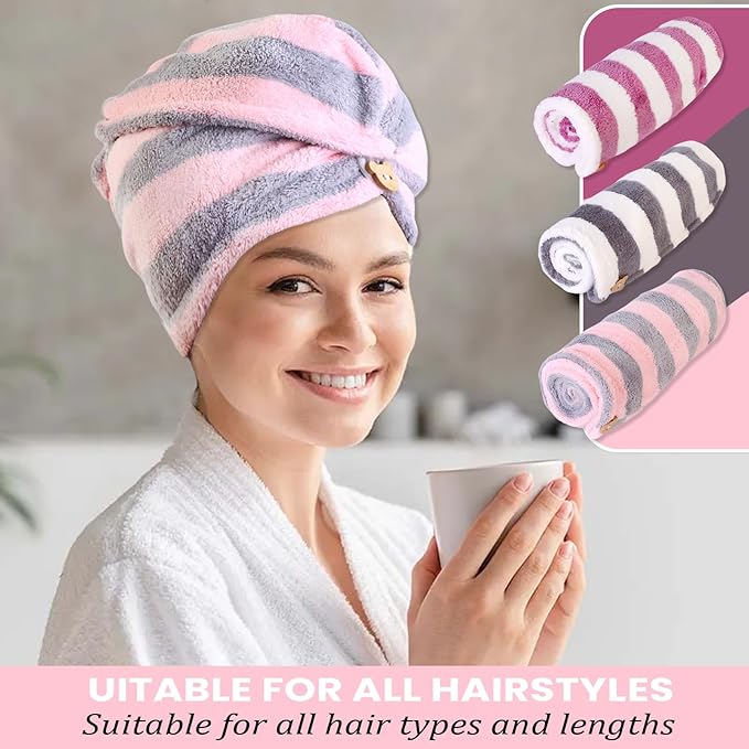 3 Pack Microfiber Hair Towel Wrap for Women, Fast Drying Hair Turban with Button, Anti-Frizz Large Hair Towel for All Hair Styles, Soft & Absorbent Hair Drying Towel