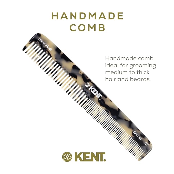 Kent 6T TW Fine Tooth and Wide Tooth Hair Comb, Handmade Styling Comb for Hair Care, Barber Combs, Beard Combs For Men, Styling Grooming for Men, Women and Kids