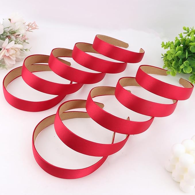 Wecoe 10 Pack Dark Red Headbands 1 Inch Wide Satin Headbands Women Non Slip Fashion Plain Solid Hairbands DIY Halloween Valentine' s Day Hair Accessories for Women Girls Diademas Para Mujer