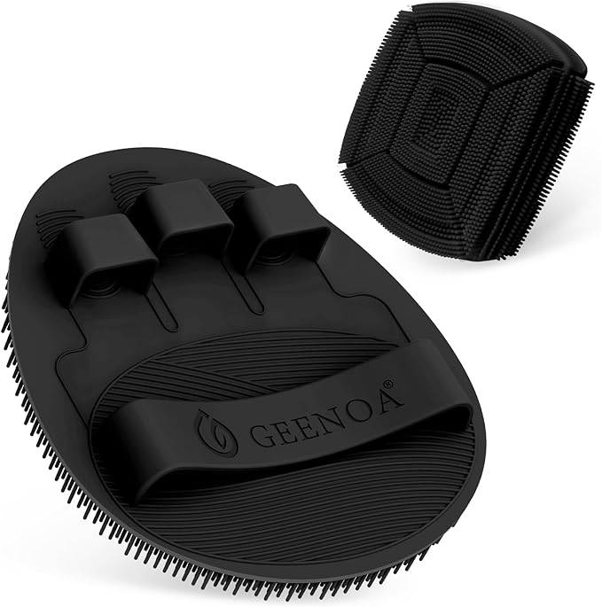 Silicone Bath Glove & Face Scrubber Set 2PCS, 360° Anti-Slip & Hand-fit Body Scrubber for Rich Foaming Deep Cleaning, Unique Facial Scrubber with Side-bristles for Contoured Areas.(Black)