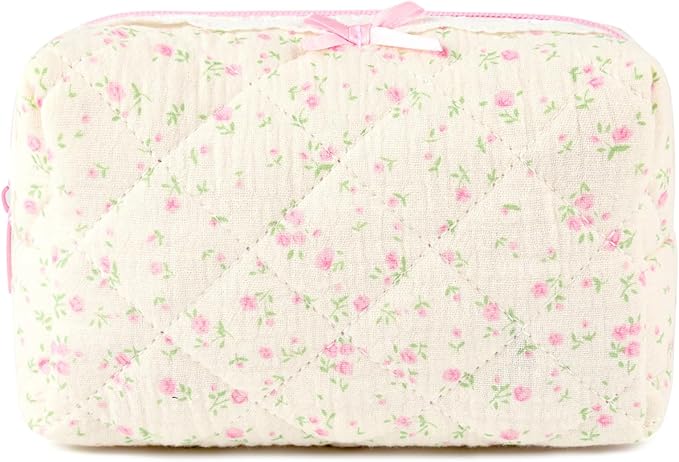 SOIDRAM Floral Makeup Bag Small Quilted Cosmetic Bag Cute Makeup Pouch Coquette Makeup Bag Aesthetic Travel toiletry bag Organizer Cotton Makeup Brushes Storage Bag for Women (Vintage Flora -S)