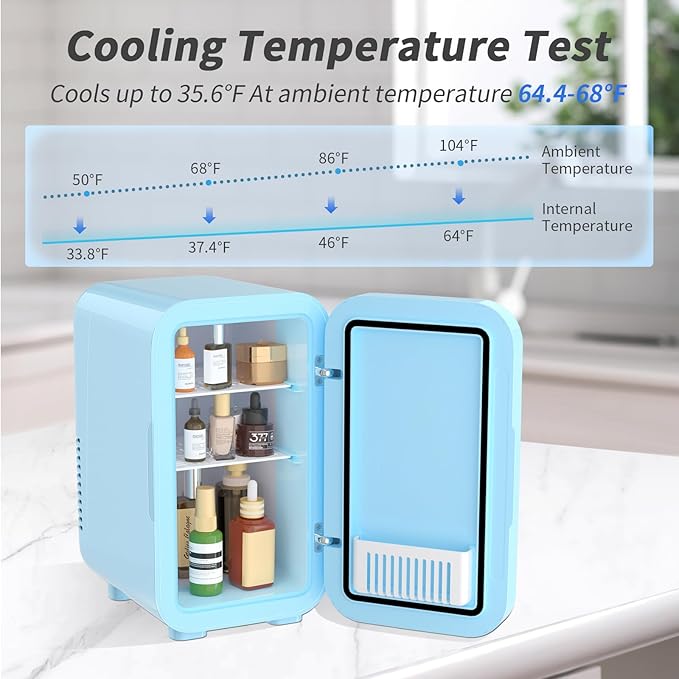 YASHE Mini Fridge, 6 Liter/8 Can 110V AC/DC Portable Thermoelectric Cooler Refrigerators for Bedroom, Skincare, Beverage, Office, Dorm Room and Car, Blue