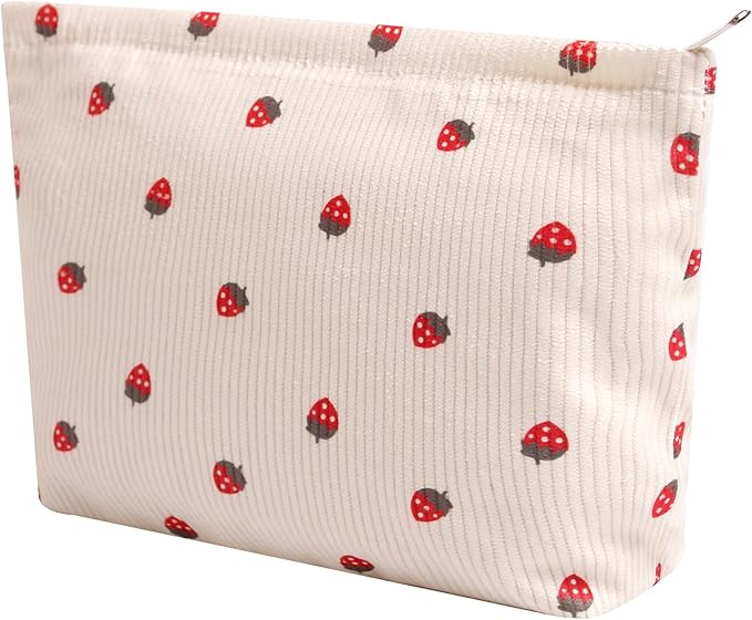 Gardsell Cosmetic Bags for Women - Corduroy Cosmetic Bag Aesthetic Women Handbags Purses Smile Dots Makeup Organizer Storage Makeup Bag Girls Case Bags (Flowers-Beige strawberry)