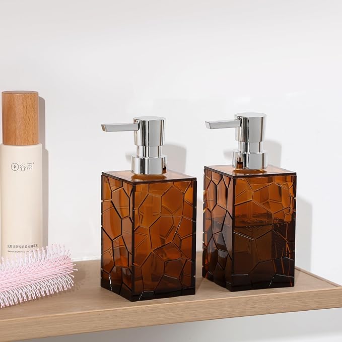 Hand Soap Dispenser, Clear Acrylic Plastic Liquid Pump Bottles Refillable Lotion Dispenser for Bathroom Decor Kitchen College Dorm, Amber