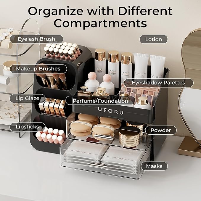 UFORU Makeup Organizer for Vanity with Brush Holder, Large Capacity Bathroom Countertop Skincare Organizer with 2 Drawers, Cosmetic Display Case for Perfumes, Eyeshadow Palettes, Nail Polishes