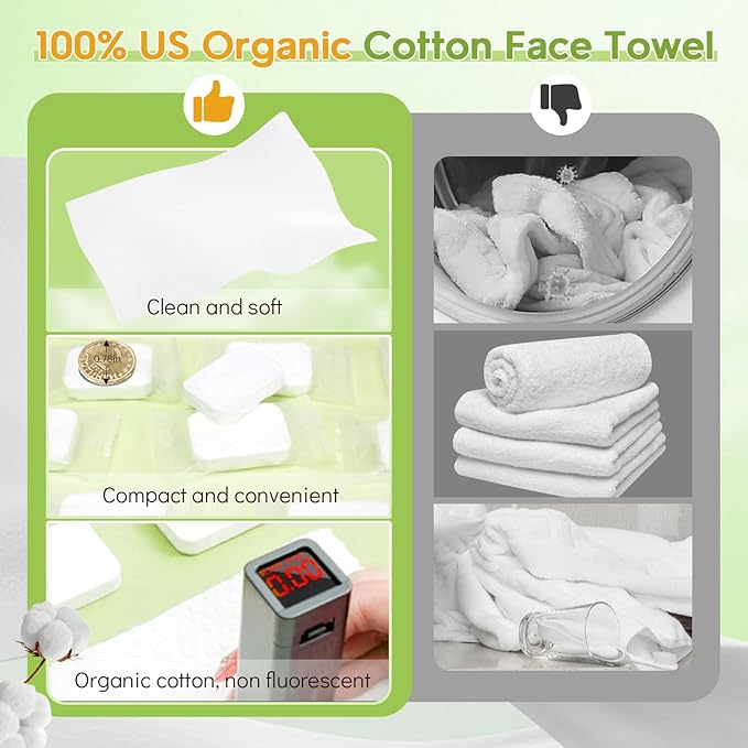 Classycoo Compressed Towel- Pure Cotton Disposable Face Towel, Mini Ultra-Soft Coin Portable Tissue Cleansing Camping Tablet for Travel, Hiking, Beauty, Sport, Hand Cloths, Outdoor,Green