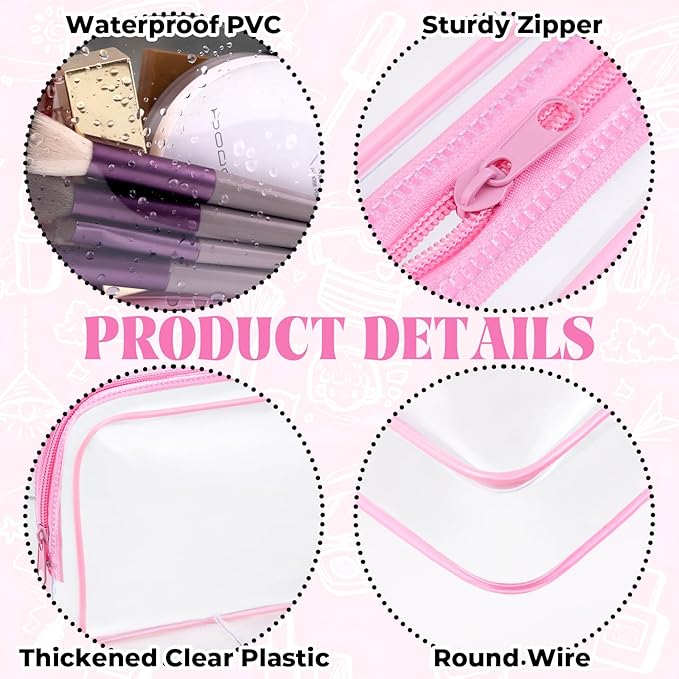 CHICAUP 6 Pieces Clear Makeup Bags Bulk TSA Approved Toiletry Bag for Travel PVC Waterproof Clear Cosmetic Pouch with Zipper for Men and Women Carry-on Travel Essentials (Pink)