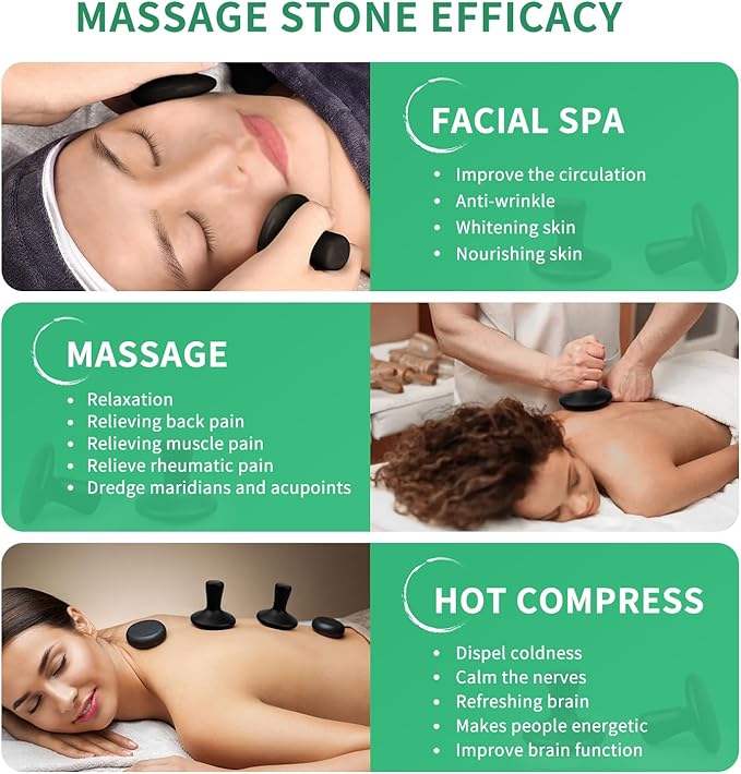 HDYAR Hot Stones for Massage-6 Large Essential Basalt Massage Stones Set (3.15in) with 2 Mushroom Shape Gua Sha Facial Tools, Massage Tools for Professional or Home SPA, Relaxing, Pain Relief