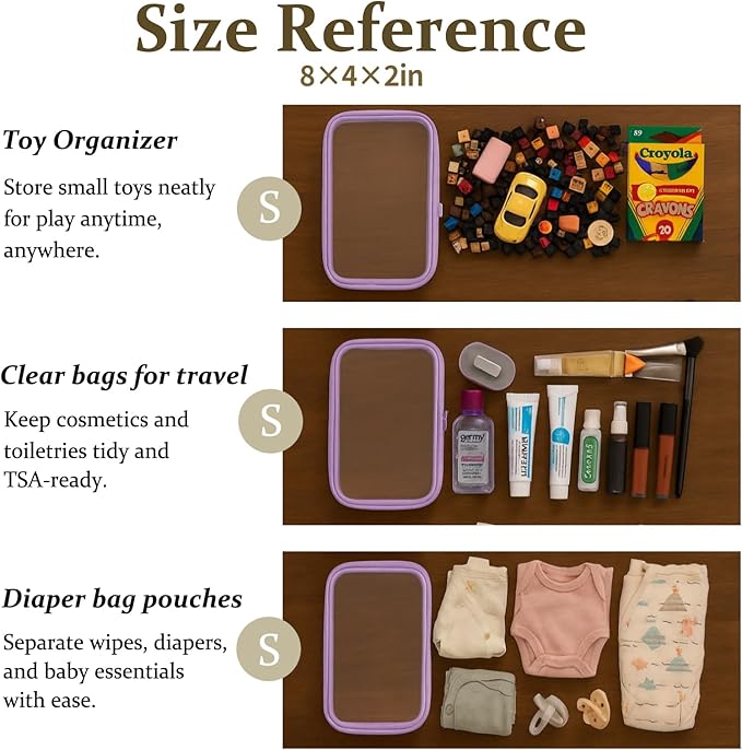WELPIRT 4 pcs Clear Zipper Pouches,Hard Shell Zipper Case, Toiletry Bag for Travel, CLear Diaper Bag, Toiletry Pouch, Travel Organizer, Cosmetic Bag,Toy Storage Bins (M+3S) (Lavender)