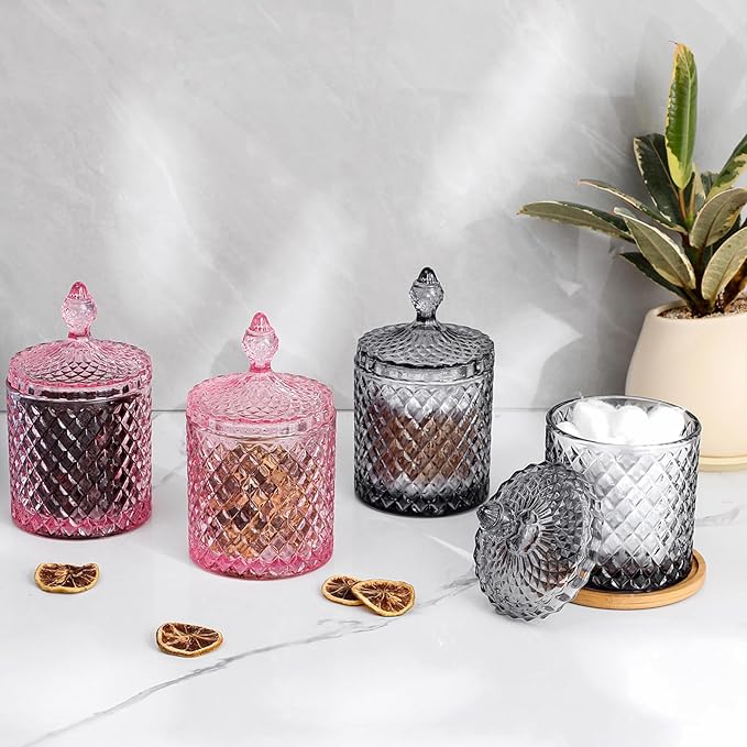2 Pack Qtip Holder Apothecary Jars with Lid, Thick Glass, Large Pink