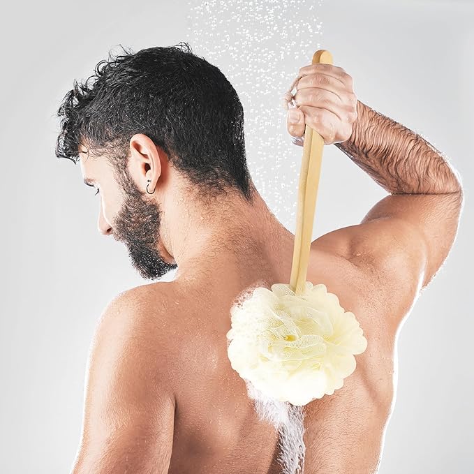 FORENEE White Loofah on a Stick, PE Mesh Back Scrubber with Wood Handle
