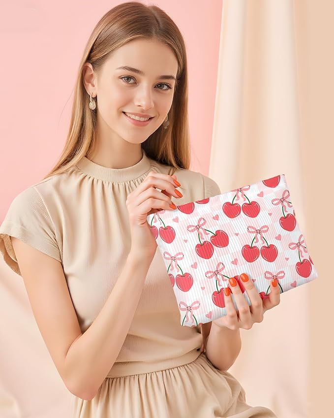Ksriylm Cute Red Plaid Cherry Bow Knot Makeup Pouch for Women Small Make Up Check Cherries Bows Bag for Purse Zipper Initial Makeup Cosmetic Bags Pouches for Purse Aesthetic Travel Toiletry Bags