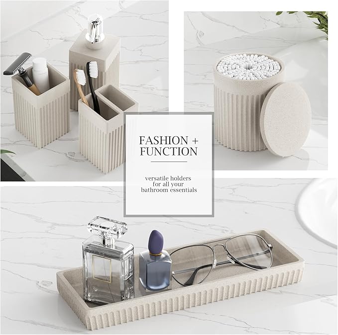 InnJoey 6-Piece Beige Bathroom Set - Sleek Resin Bathroom Accessories Set with Soap Dispenser, Toothbrush Holder, Vanity Tray, Tumbler & Apothecary Jars for Small Spaces