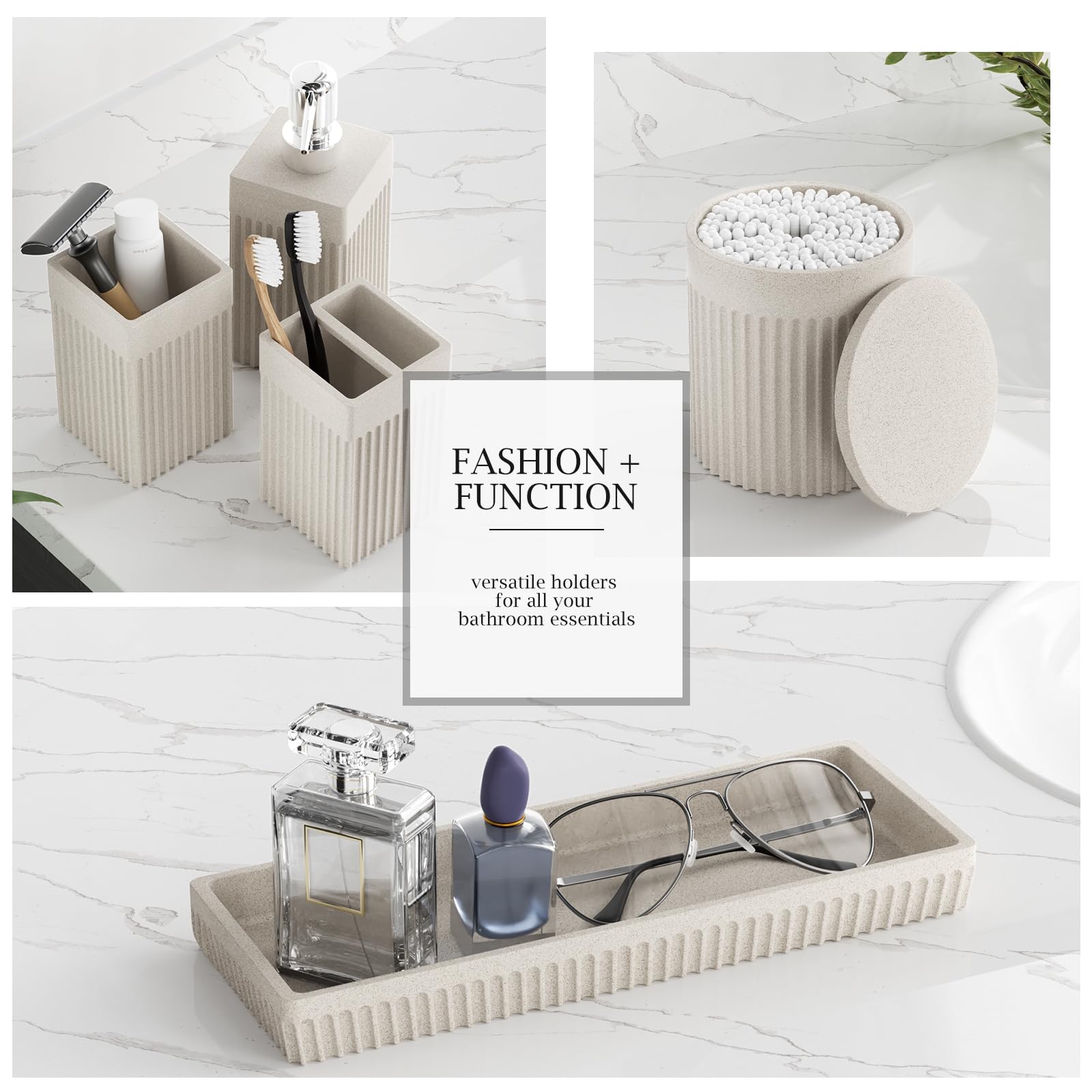 InnJoey 6-Piece Beige Bathroom Set - Sleek Resin Bathroom Accessories Set with Soap Dispenser, Toothbrush Holder, Vanity Tray, Tumbler & Apothecary Jars for Small Spaces