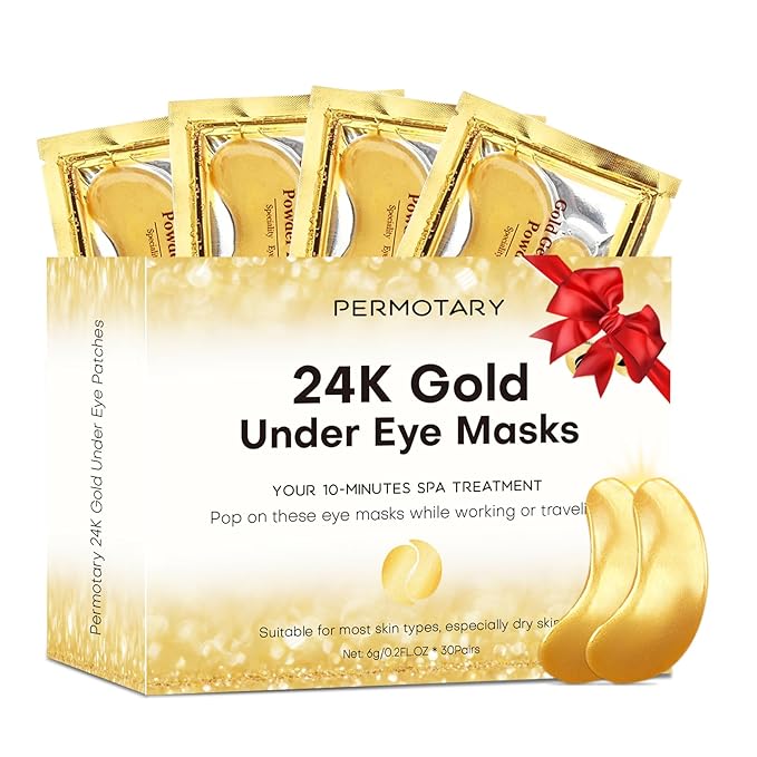 Permotary 30 Pairs Crystal Collagen Under Eye Mask, Gold Gel Collagen Eye Pad For Moisturizing, Reducing Dark Circles & Puffy Eyes (Gold)