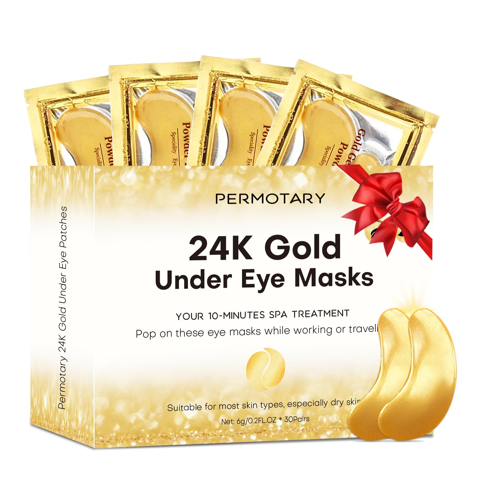 Permotary 30 Pairs Crystal Collagen Under Eye Mask, Gold Gel Collagen Eye Pad For Moisturizing, Reducing Dark Circles & Puffy Eyes (Gold)