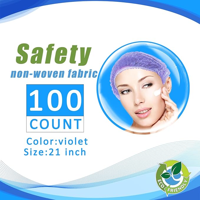 Disposable Bouffant Caps, 21inches Hair Net, Elastic Dust Cap for Food Service, Kitchen Head Cover (Purple)
