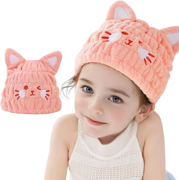LCBD Microfiber Hair Towel Wrap for Kids, Pink Cat Dry Hair Cap Suck Water, Absorbent Quick Girls Boys Hair Drying Towel, Lightweight Bouncy Hat Headscarf