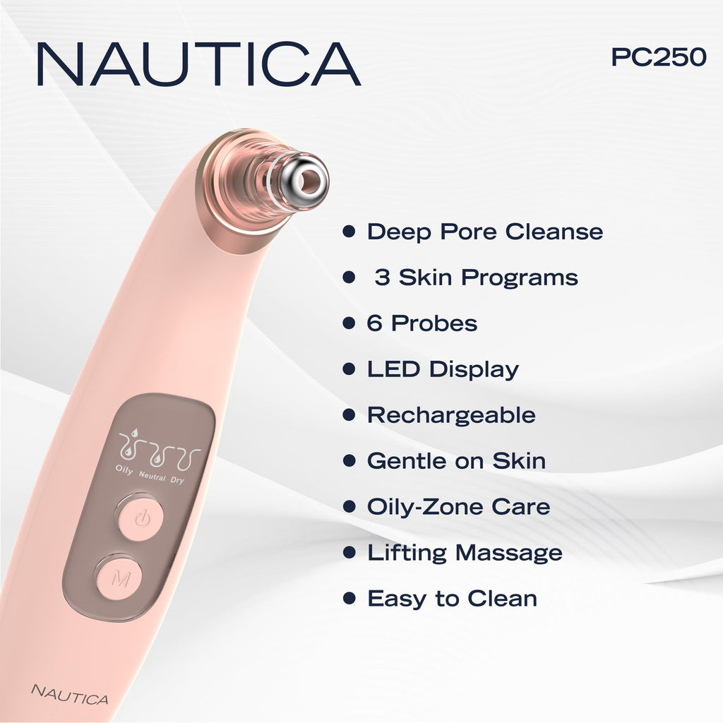 Nautica PC250 Blackhead Remover Tool, Rechargeable Vacuum Blackhead Remover for Face with 6 Heads, 3 Modes & LED Display for Deep Pore Cleansing
