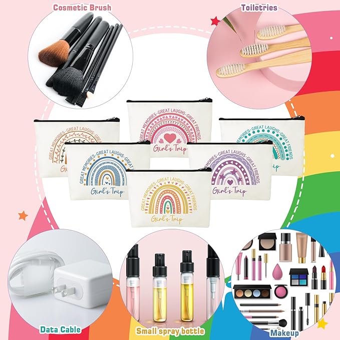 Sweetude 12 Pcs Girls Trip Makeup Bags Bulk Girls Weekend Gifts Rainbow Makeup Bag Portable Travel Cosmetic Bags with Zipper Bachelorette Travel Storage Pouch for Women Friendship Bestie Party Favors