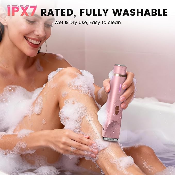 Bikini Trimmer for Women, Painless Electric Razor for Women with Dual Head, IPX7 Waterproof Pubic Body Hair Trimmer Electric Shaver for Legs/Arm/Underarm (Pink)