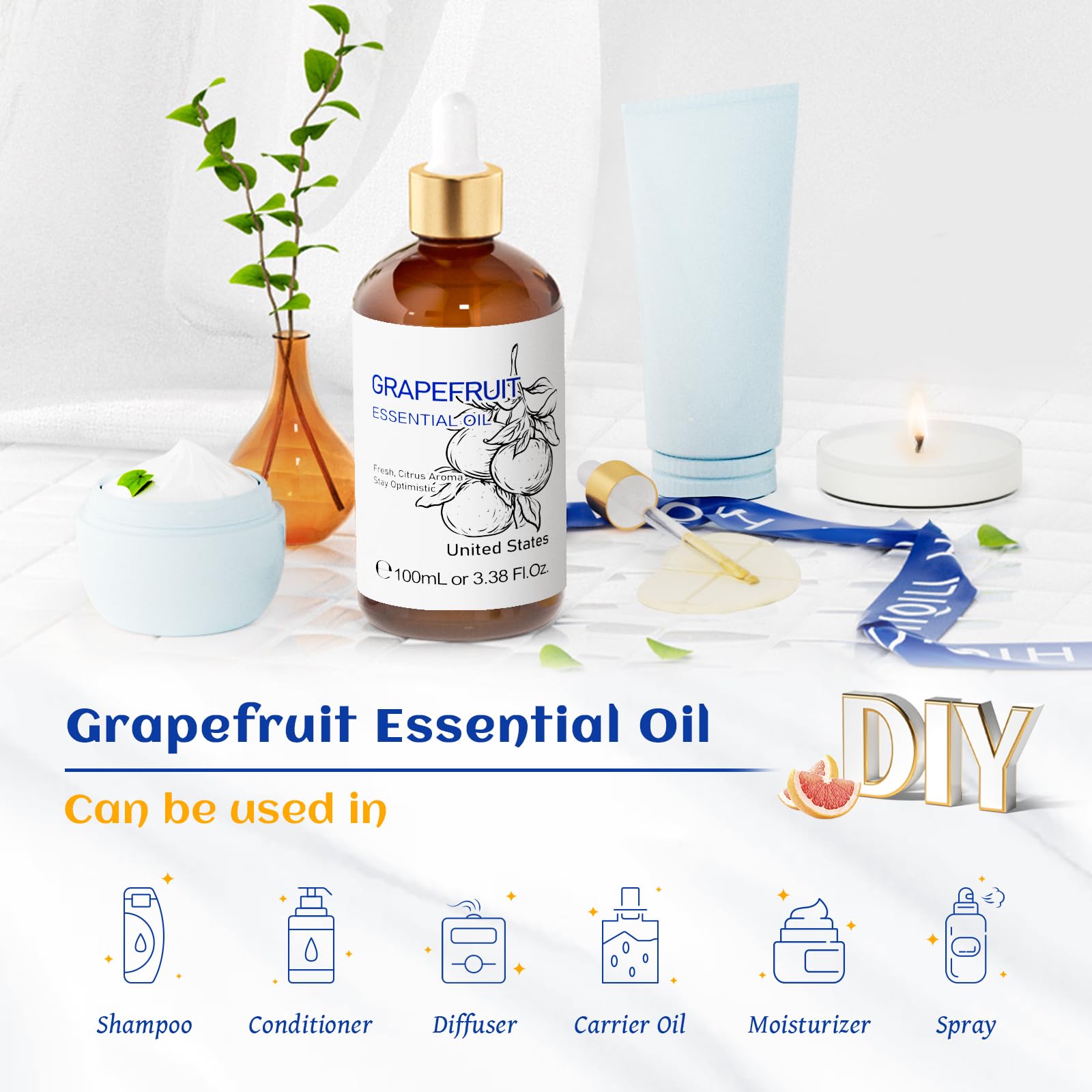 HIQILI Grapefruit Essential Oil for Skin Care, DIY, Diffuser & Aromatherapy