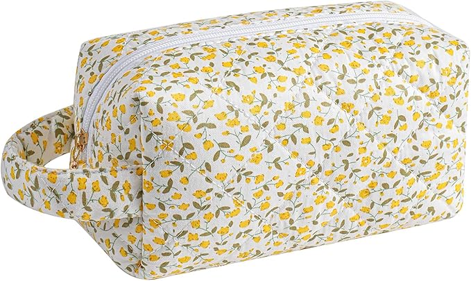 HHQQWZ Makeup Bag Travel Cosmetic Bag for Women, Zipper Make Up Pouch, Floral Flowers Toiletry Organizer Makeup with Handle, Cosmetic Travel Cloth Bag (Yellow Floral)