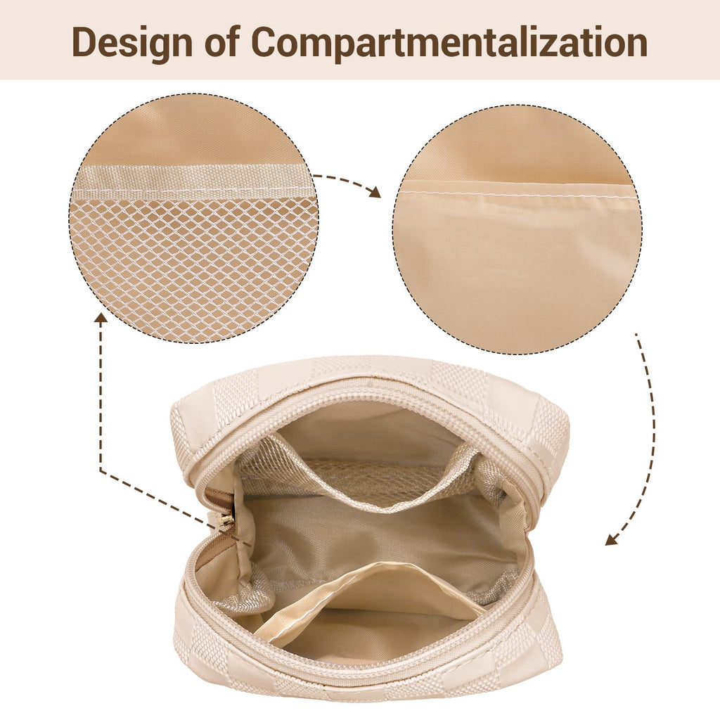 MAGEFY Small Makeup Bag for Purse, Checkered Makeup Bag Small Pouches for purse Leather Mini Make Up Bag Cute Cosmetic Bag for Women with Slip-in Pockets.Beige