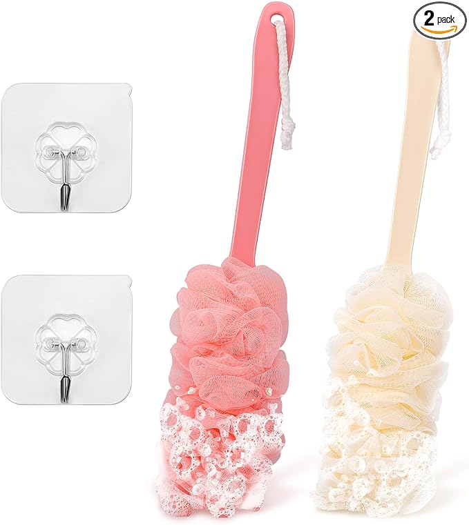 4Pack Back Scrubber for Shower Loofah with Long Handle, Shower Brush for Body, 17″ Loofah on a Stick for Men Women Bathing Accessories, Scrubber Sponge for Exfoliating Bath Brushes (Beige & Pink)