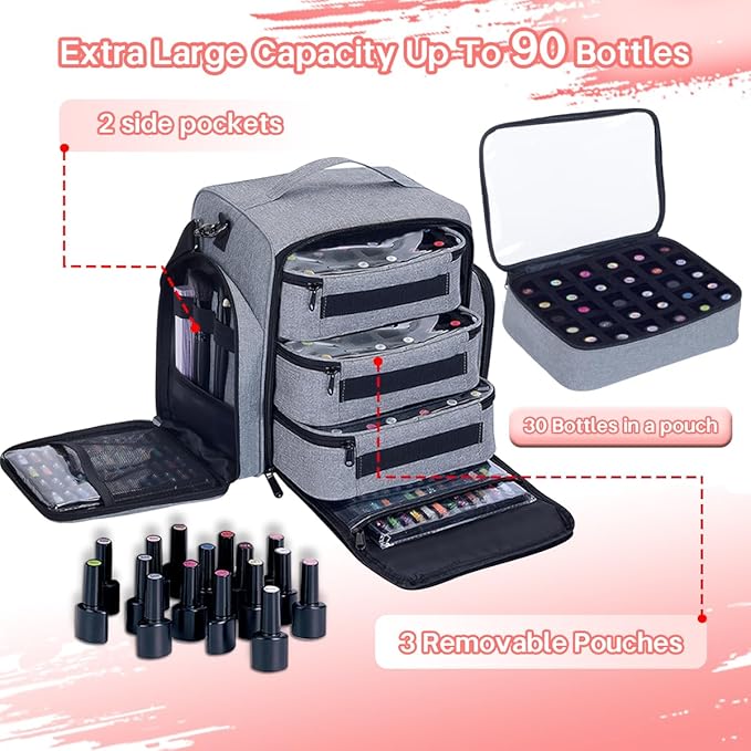 UOZL Nail Polish Organizer Case Hold 90 Bottles with 3 Detachable Bag,Grey