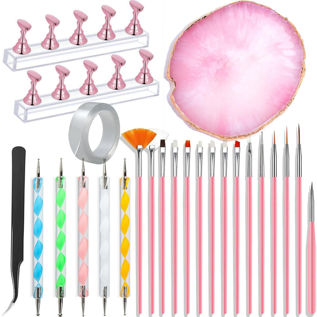 24 Pieces Nail Art Tools Kit Resin Nail Art Palette Acrylic Silicone Engraving Pen Dotting Pen Mixing Palette Detail Brushes Tools for Nail Art DIY Home Salon Makeup Display (Gold)