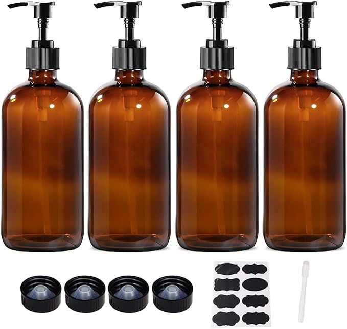 BPFY 4 Pack 16 oz Amber Glass Bottles with Pumps for Shampoo, Essential Oils, Cleaning Products, Lotions, Aromatherapy Oil, Pump Bottles, Refillable Containers with Cap, 8 Chalk Labels, 1 Pen
