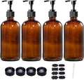 BPFY 4 Pack 16 oz Amber Glass Bottles with Pumps for Shampoo, Essential Oils, Cleaning Products, Lotions, Aromatherapy Oil, Pump Bottles, Refillable Containers with Cap, 8 Chalk Labels, 1 Pen