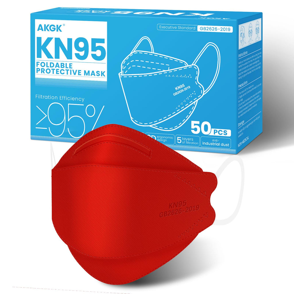 akgk KN95 Face Masks 50 Pack, 5-Ply Disposable Red Face Mask Against PM 2.5 Smoke & Dust, Filtration Efficiency 95%