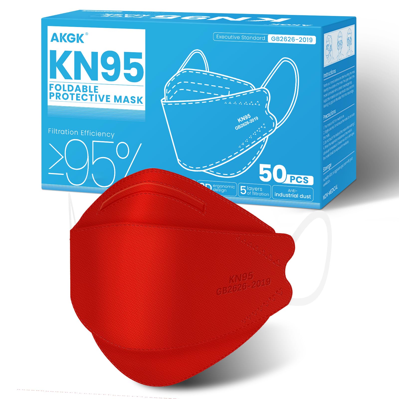 akgk KN95 Face Masks 50 Pack, 5-Ply Disposable Red Face Mask Against PM 2.5 Smoke & Dust, Filtration Efficiency 95%