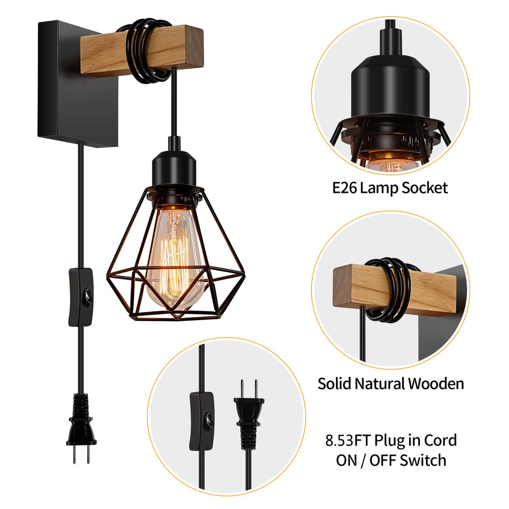 foucasal Plug in Wall Sconces Set of Two, Farmhouse Wall Light Plug in