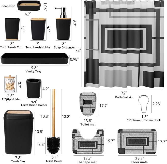 Black and Gold Bathroom Accessories Set - 24PCS with Shower Curtain, Rugs, and Waterproof Curtain Set