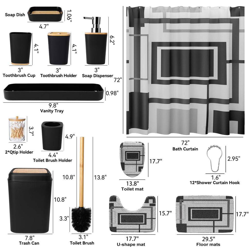 XLHOMO Black and Gold Bathroom Accessories Set - 24PCS with Shower Curtain, Rugs, and Waterproof Curtain Set