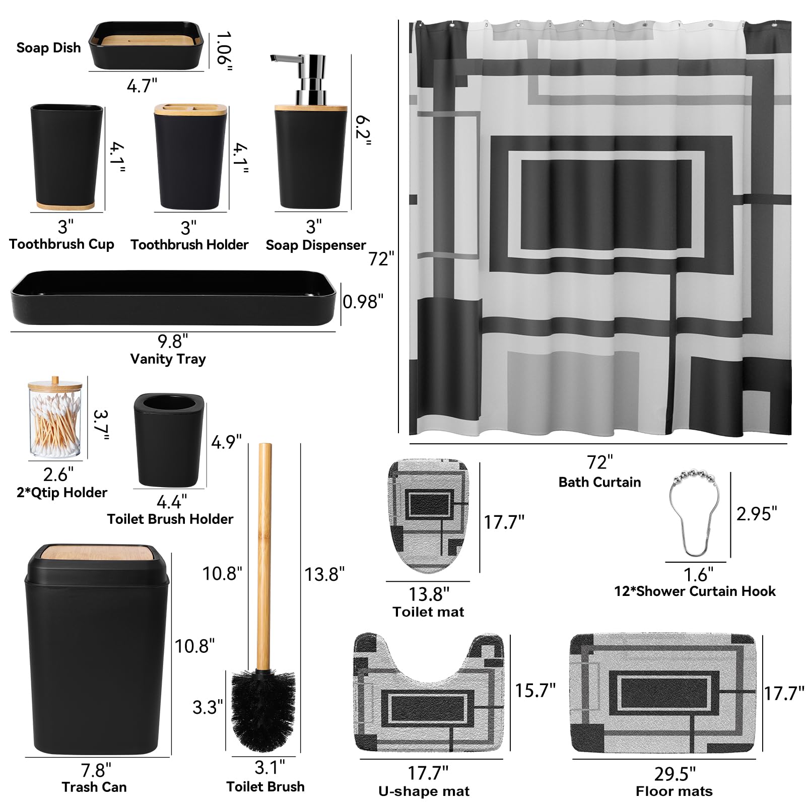 XLHOMO Black and Gold Bathroom Accessories Set - 24PCS with Shower Curtain, Rugs, and Waterproof Curtain Set