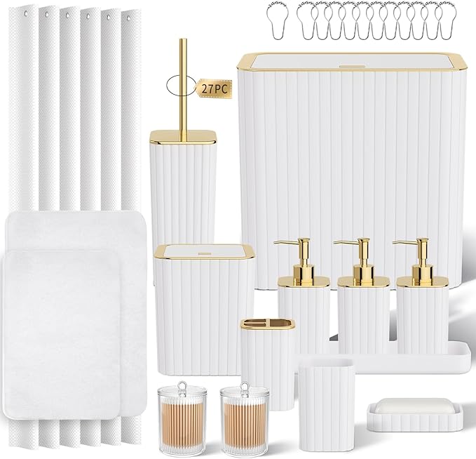 InnJoey Bathroom Accessory Set - Bathroom Set, 27PC Bathroom Accessories Set, White Bathroom Sets with Shower Curtain and Rugs, Mini Trash Can, Toilet Brush, Trash Can & Soap Dispenser