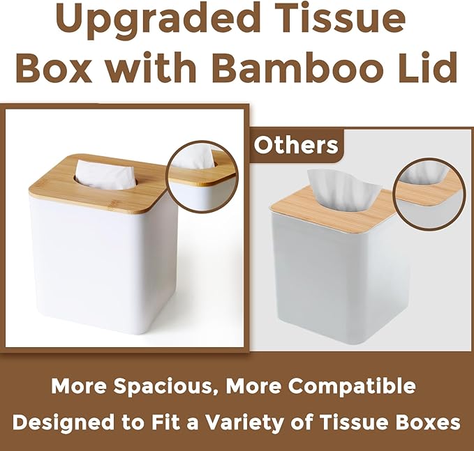 Tissue Box Cover Square, Modern White Facial Tissue Holder with Bamboo Lid