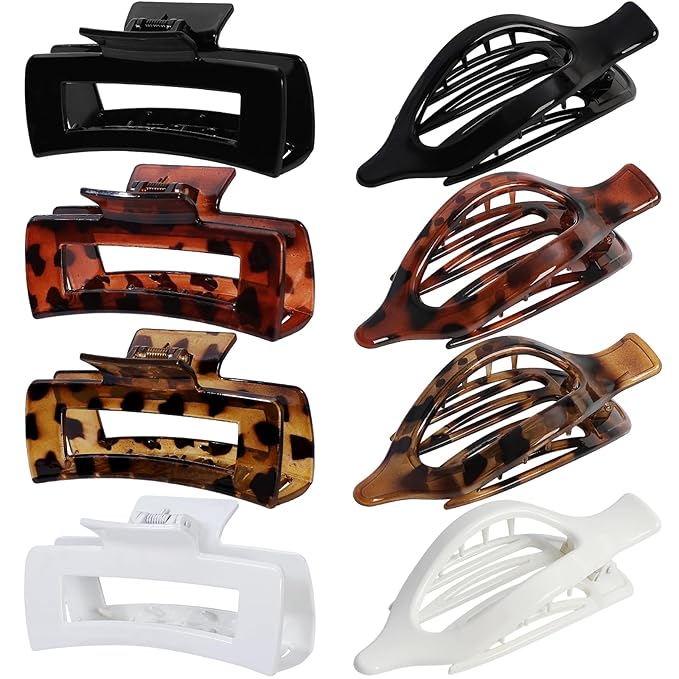Hair Clips for Women 4.3 Inch Large Hair Claw Clips 8 pcs Square Claw Clips & Flat Hair Clips for Thick or Thin Hair French Concord Hair Barrettes Alligator Hair Accessories for Women (Leopard)