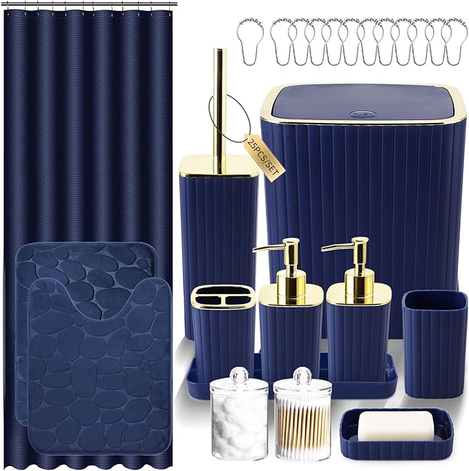 XLHOMO Bathroom Accessory Set - 25PC Green Bathroom Sets, Bathroom Set with Shower Curtain and Rugs, Dark Green Shower Curtain Set, Trash Can, Qtip Holder & Soap Dispenser
