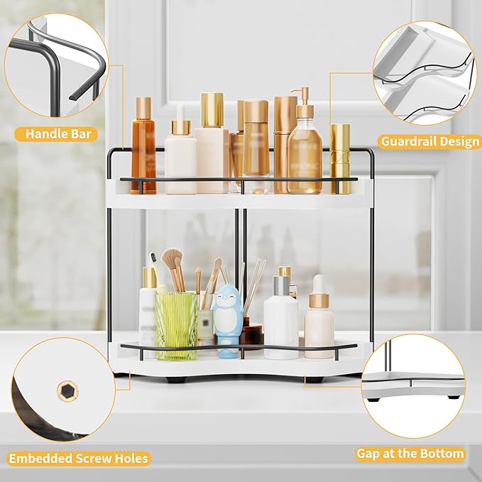 Aollewoiti 2-Tier Corner Bathroom Counter Organizer with Embedded Screw Holes, Secure & Stable Wood Vanity Shelf for Makeup and Skincare Essentials - Space Saving Bathroom Countertop Storage, White