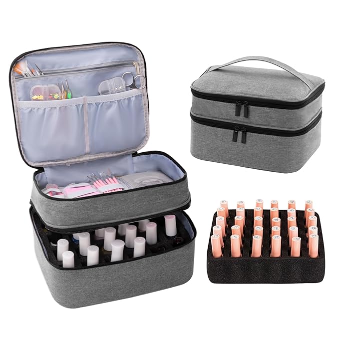 AGX Bravo Travel Nail Polish Organizer Double Layer Carrying Case for Fingernail Polish, Holds 30 Bottles with Dividers Portable Large Storage Case for Gel Nail Polish Holder, Grey (BAG ONLY)